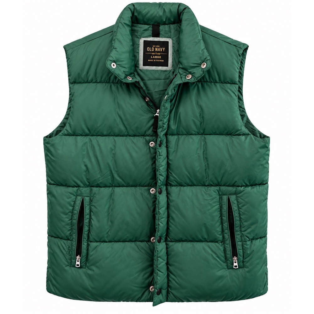 Old Navy Mens Puffer Vest Green Quilted Full Zip Snap Front Sleeveless Jacket L